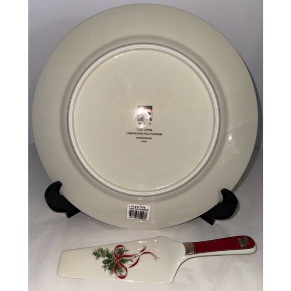 Mikasa Christmas Holly Cake Plate & Server Set Platinum Trim Holiday Serving - Picture 2 of 3